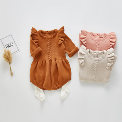 Spring and autumn newborn triangle romper girl baby bag fart clothing small flying sleeves knitted baby jumpsuit